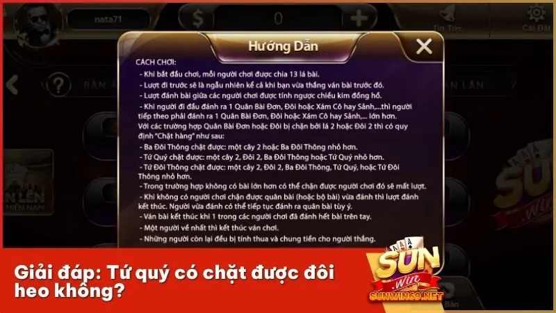 Tứ quý có chặt được đôi heo trong Tiến Lên Miền Nam tại sảnh game bài Sunwin